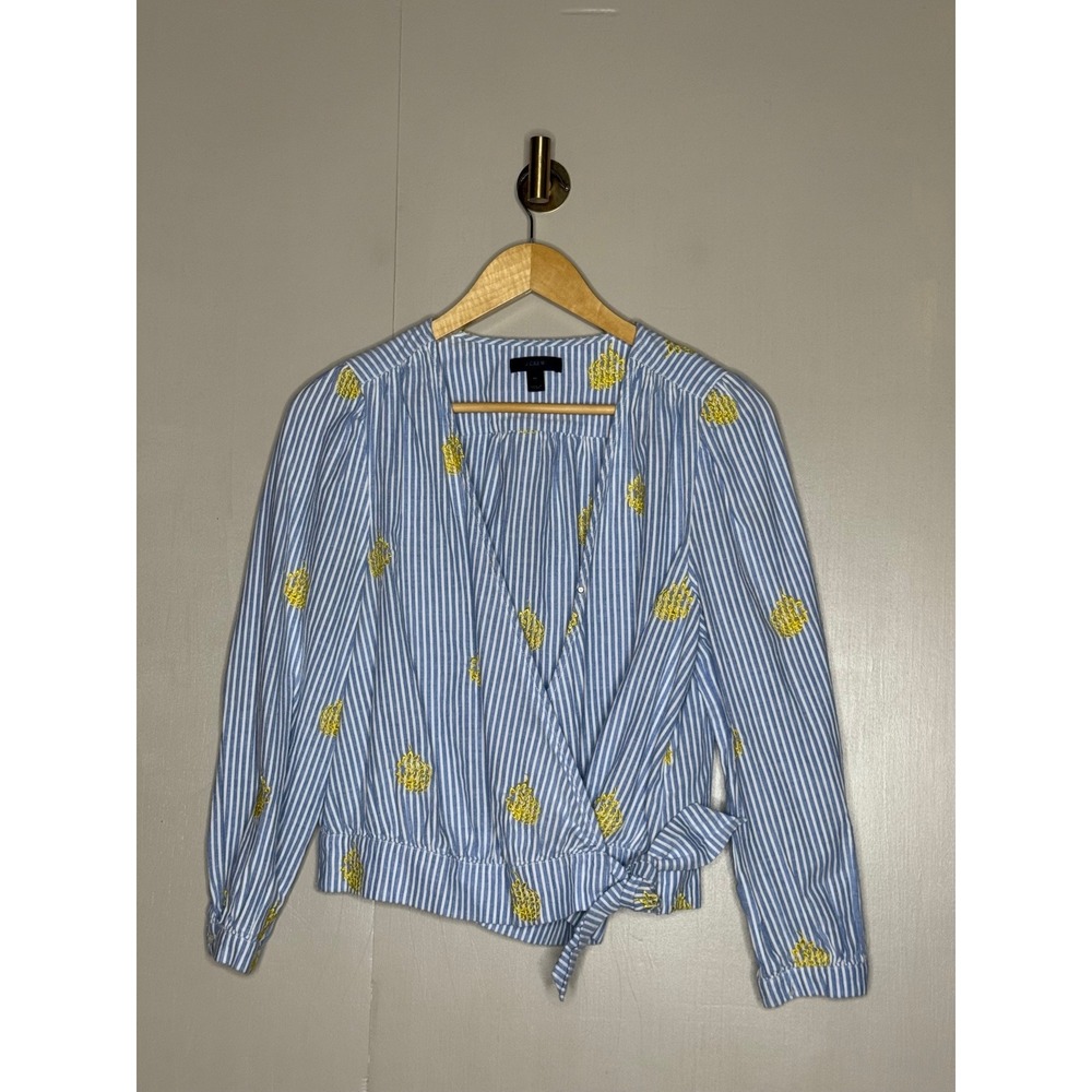 J.Crew Blue White Striped Pineapple Embroidered Wrap Tie Blouse Top Mens Medium - Picture 2 of 10